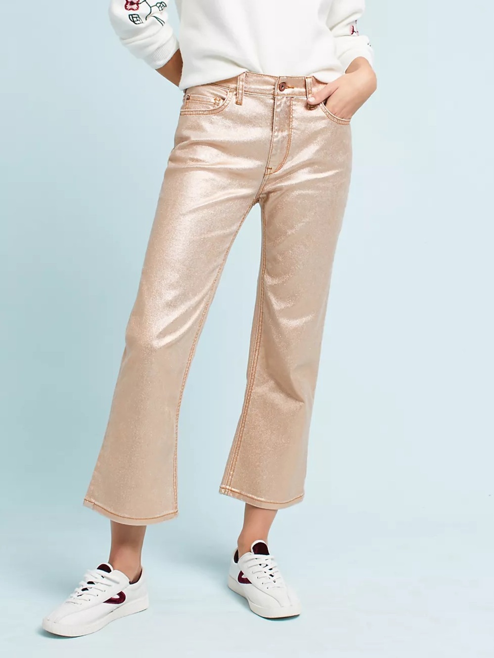 Anthropologie Pilcro Coated Cropped Flare Jeans Womens Size 25 Rose Gold Stretch